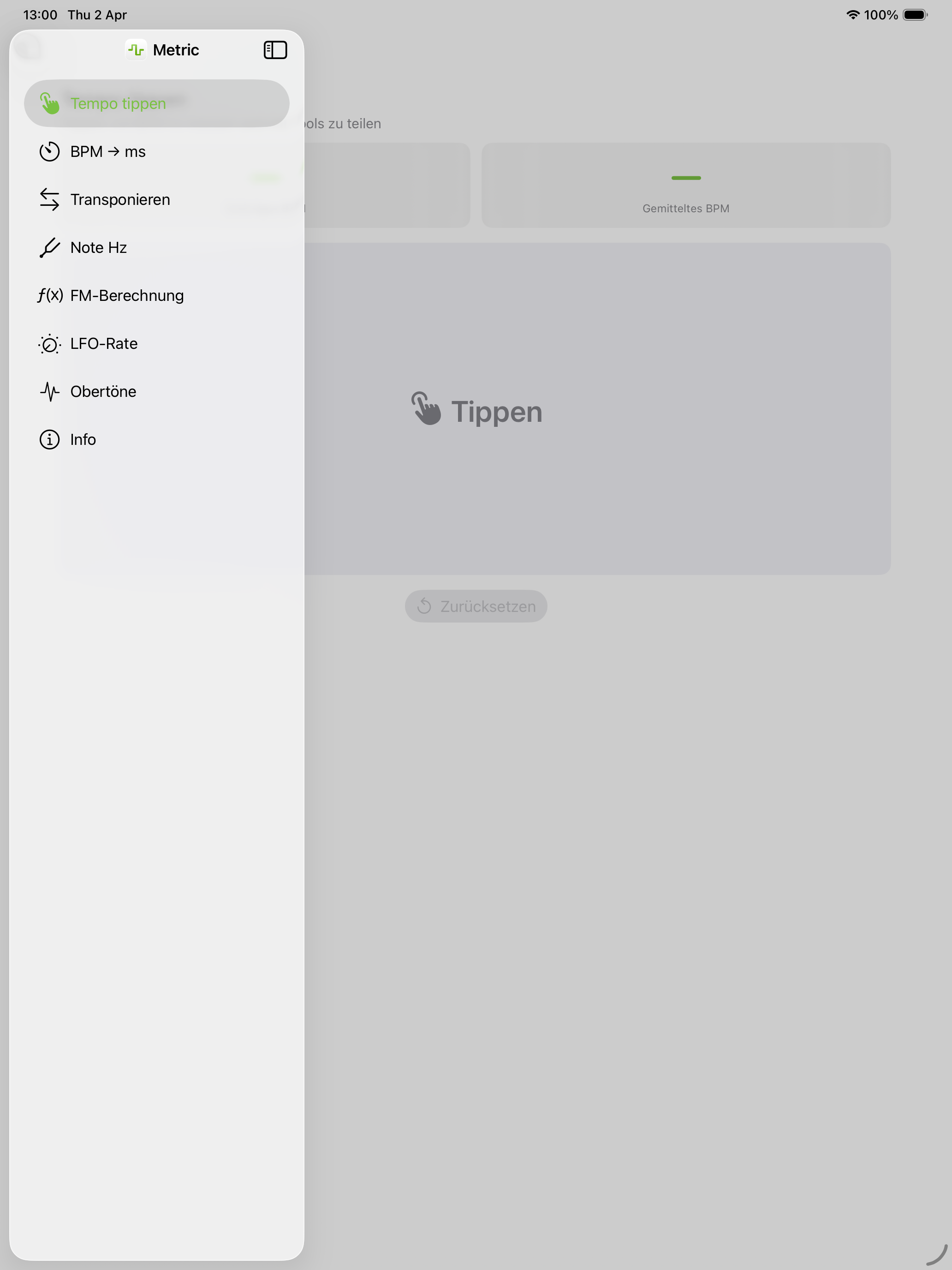 Tap-Tempo mit Seitenleiste auf iPad im Hochformat